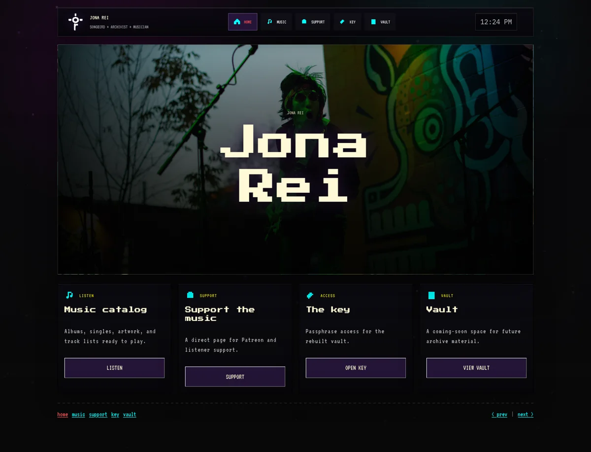 Screenshot of the jonarei.live musician EPK website
